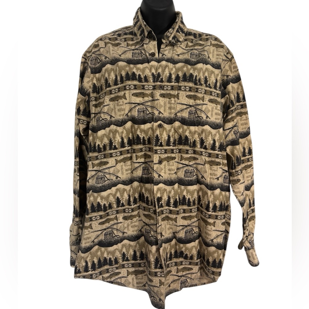 Vintage Woolrich Fishing Patterned Flannel Button-Up Shirt